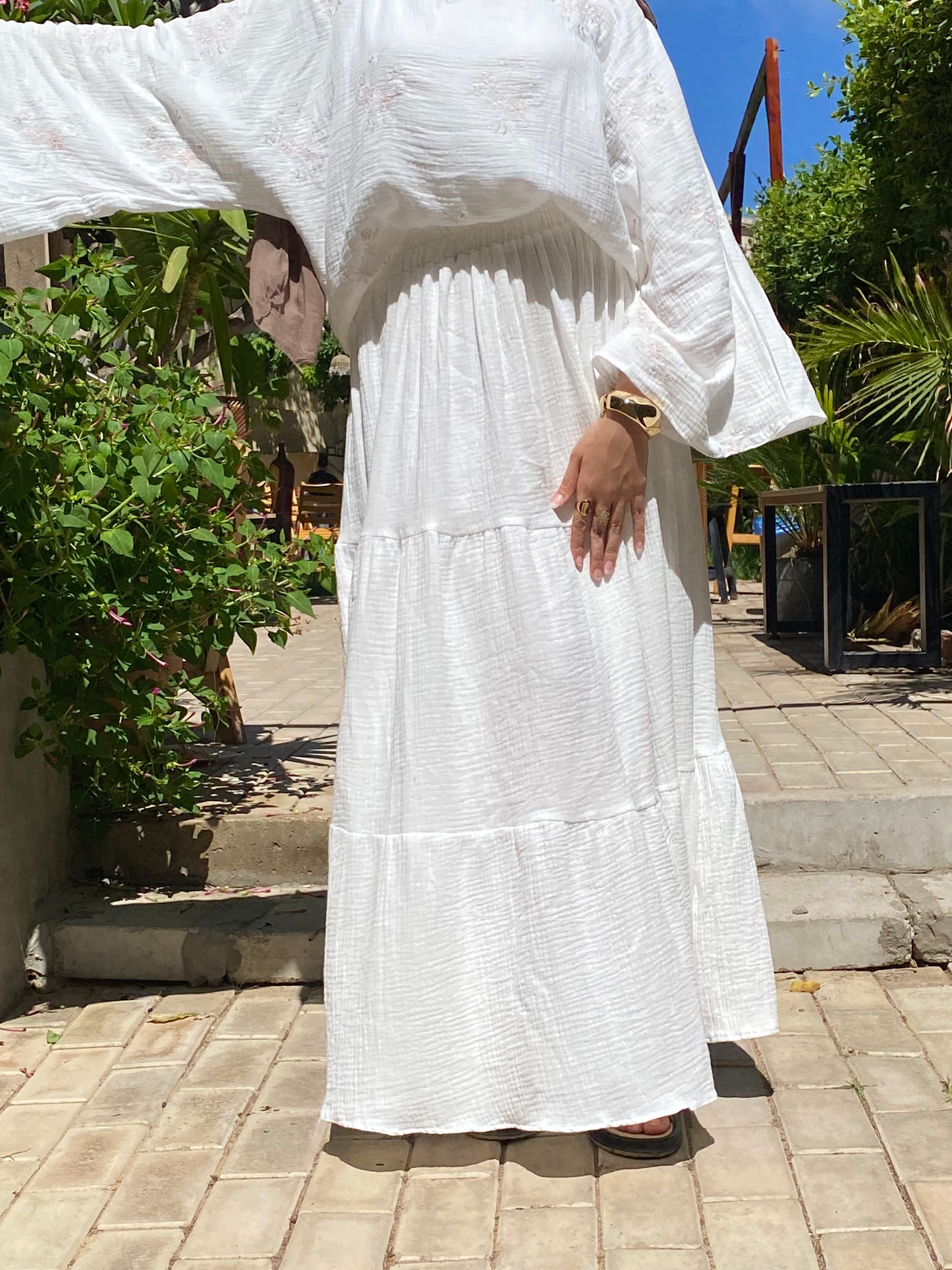 white embroidered ruffles skirt set
