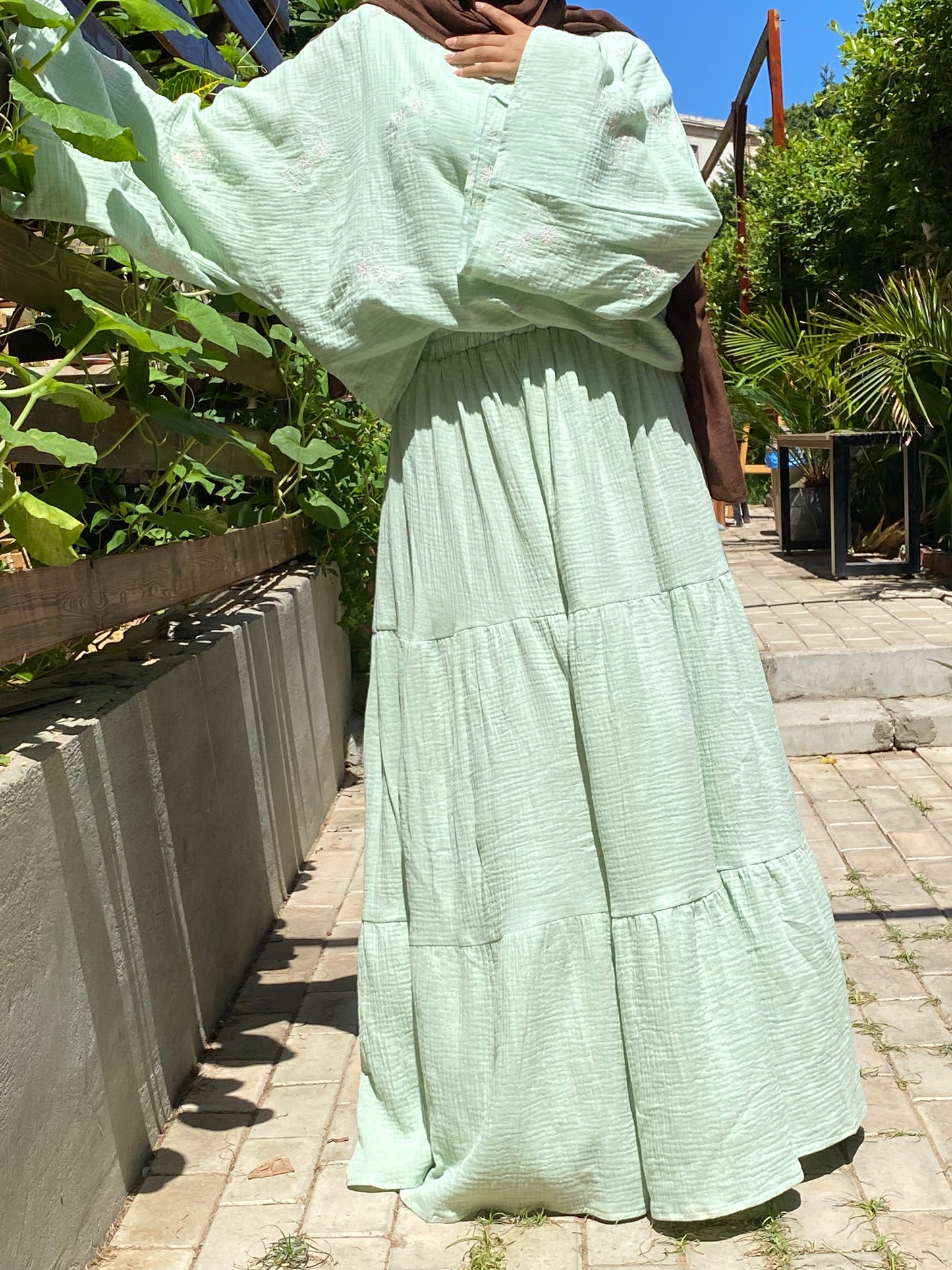 aqua green embroidered ruffles skirt set
