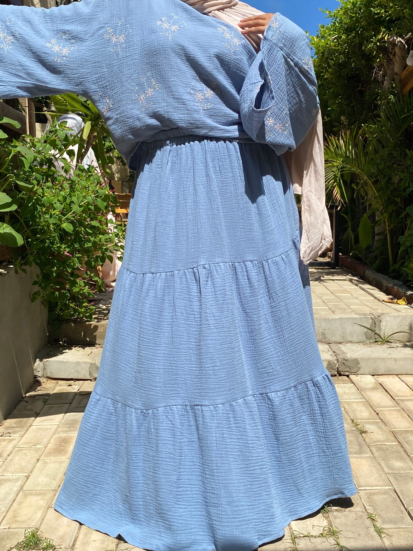 baby blue embroidered ruffles skirt set